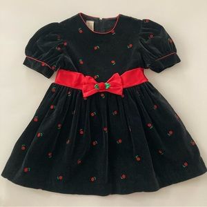 Vintage 3T Toddler Girl Black Red Velvet Embroidered Flowers Dress Holiday